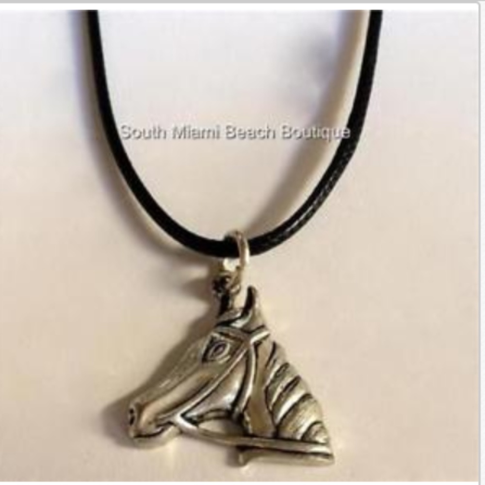 Silver Tone Horse Head Necklace Country Western Cowgirl 18" Black Cord Rodeo